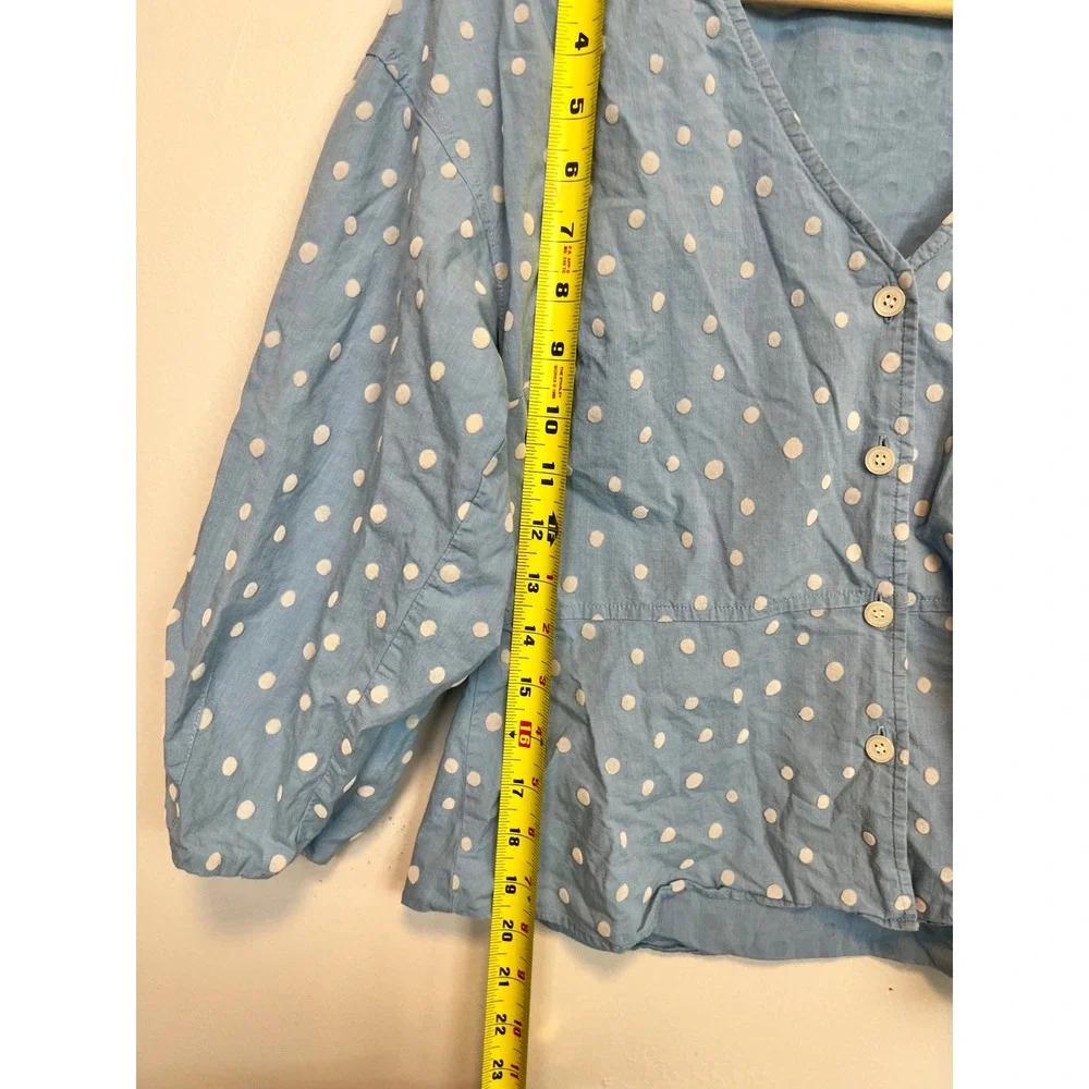 Madewell Blue Polka Dot Cotton Puff Sleeve Peplum Button Front Top L1607 Size 2